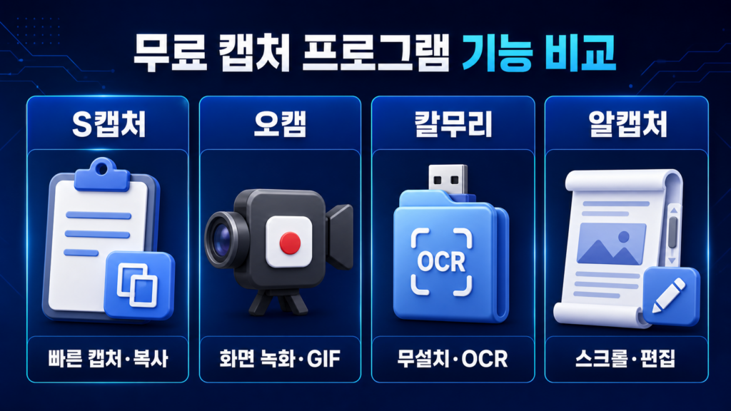 무료 캡처 프로그램 추천|S캡처·오캠·칼무리·알캡처 기능 비교 1 S캡처 오캠 칼무리 알캡처 기능 비교