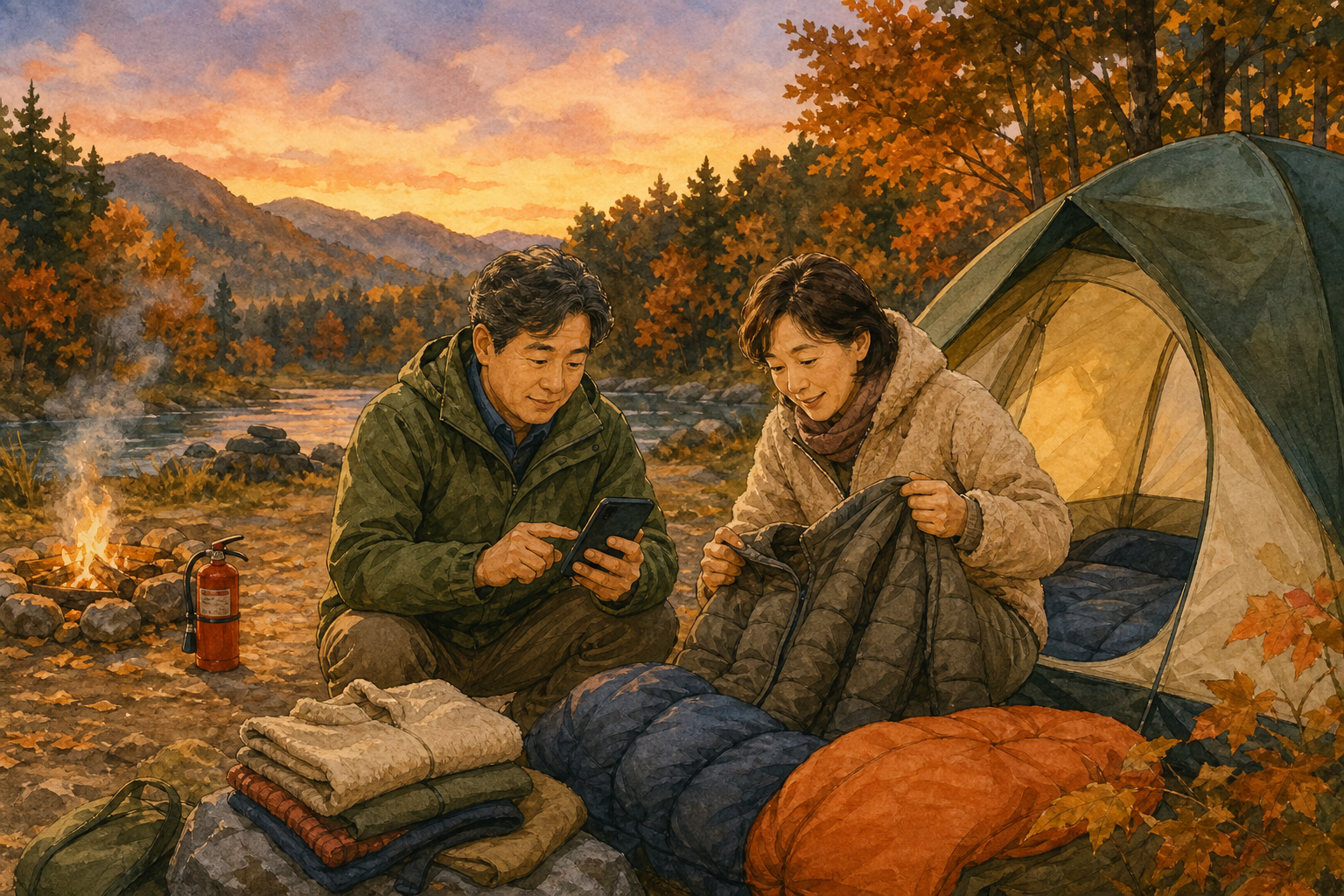 가을 캠핑 안전수칙|일교차·화기·일산화탄소 체크 1 가을 캠핑 안전수칙에 따라 기온과 침구를 확인하는 중년 부부 삽화