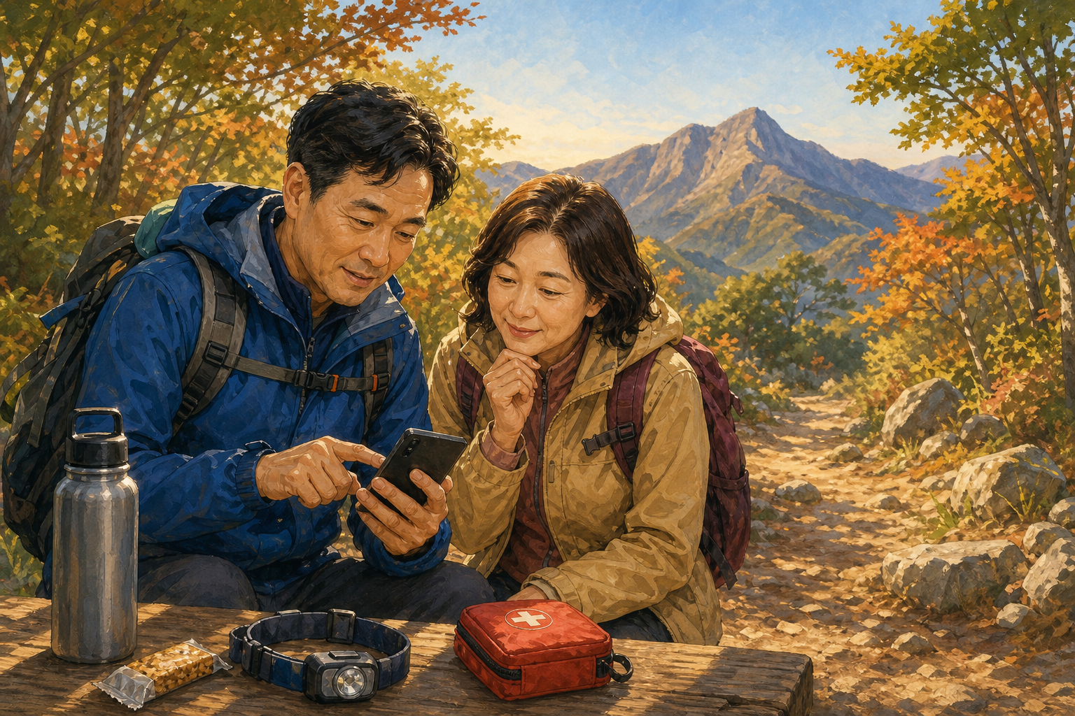 가을 산행 안전수칙|복장·준비물·일몰 전 하산 체크리스트 1 가을 산행 안전수칙을 확인하는 중년 등산객 AI 생성 이해 이미지