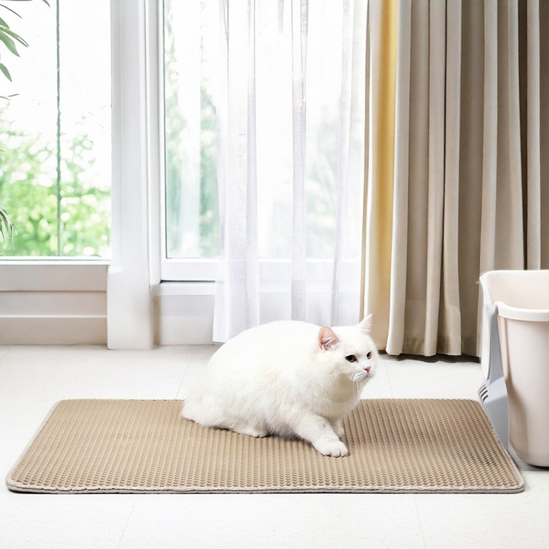 고양이 화장실 모래가 집안까지 굴러다닐 때|벌집 모래매트 활용법 2 고양이가 특대형 베이지 모래매트 위에 앉아 있는 모습