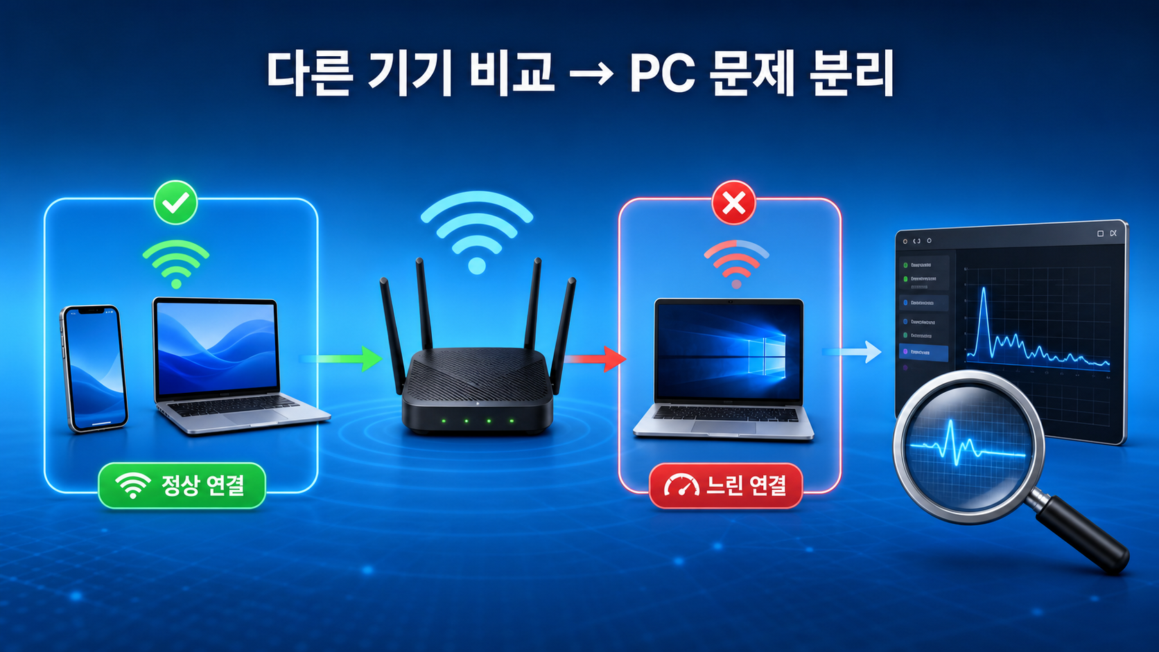 윈도우 업데이트 후 인터넷 느림|DNS·드라이버·네트워크 초기화 순서 2 다른 기기와 비교해 와이파이 문제 범위를 나누는 방법