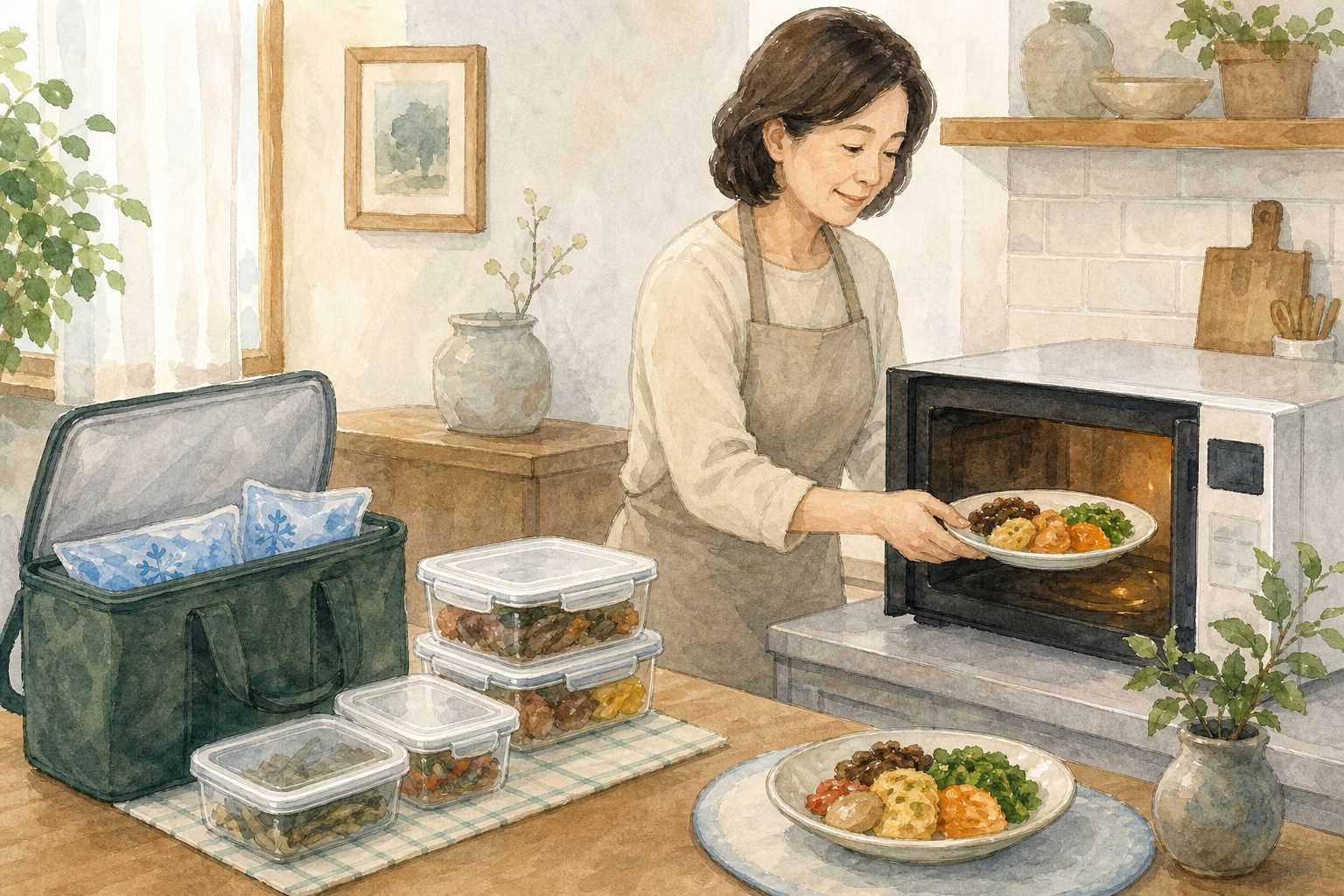 명절 음식 보관법|전·나물·고기 식히기와 냉장 체크 3 보냉가방 옆에서 명절 음식 한 접시를 재가열하는 일러스트