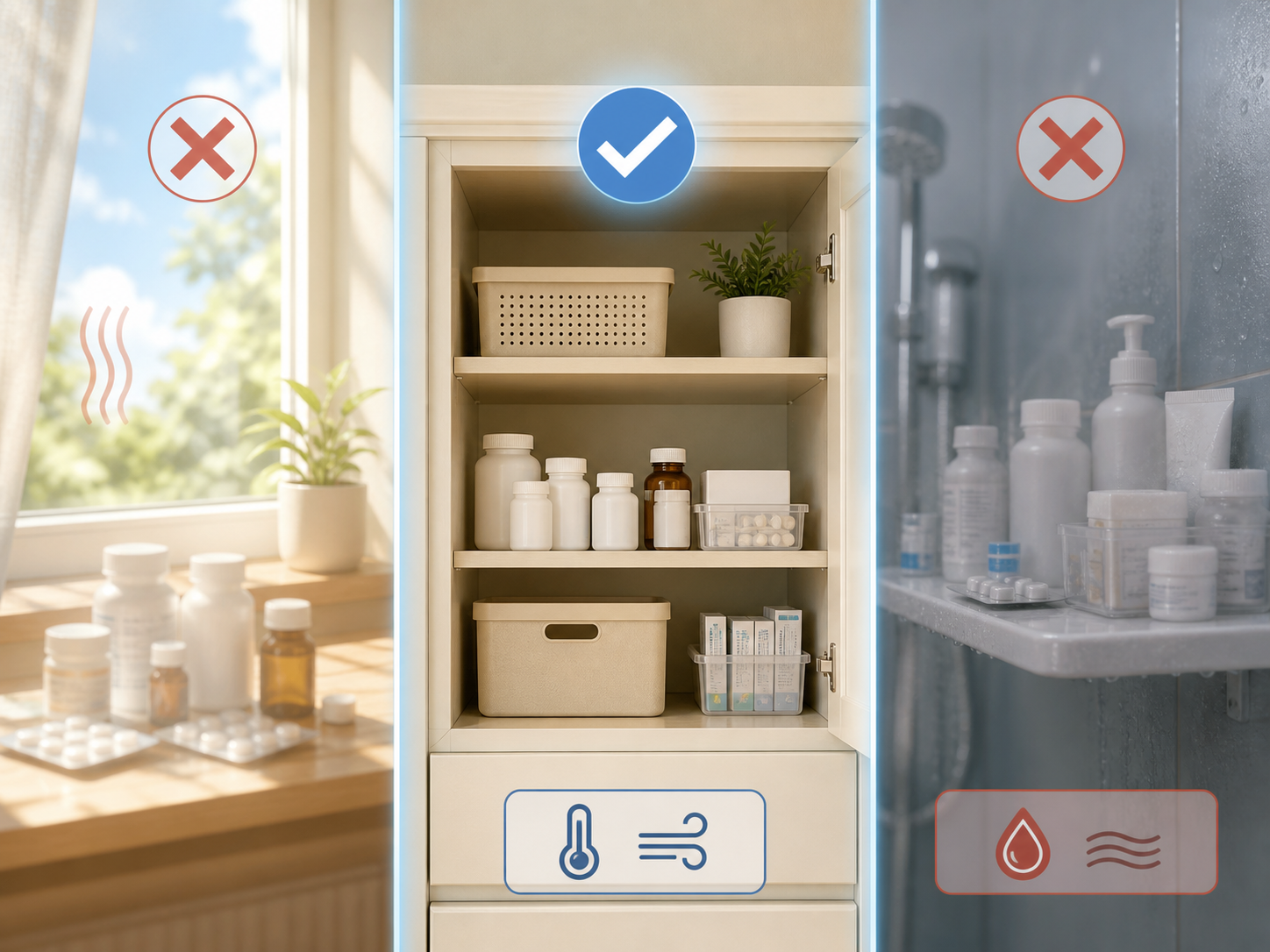 폭염에 상비약을 냉장고에 넣어도 될까|여름 약 보관 점검표 2 직사광선과 습한 욕실을 피해 약을 보관하는 장소 비교 일러스트