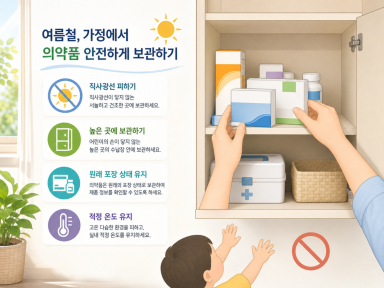 폭염에 상비약을 냉장고에 넣어도 될까|여름 약 보관 점검표 8 어린이 손이 닿지 않는 수납장에 약을 정리하는 일러스트