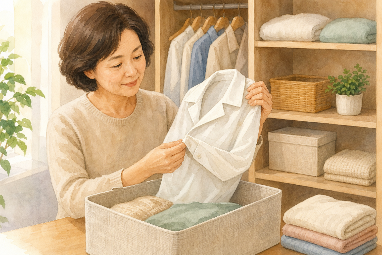 환절기 옷장 정리|여름옷 말리기·곰팡이 예방 체크 2 옷의 목과 소매를 살펴보고 수납함에 넣는 수채화