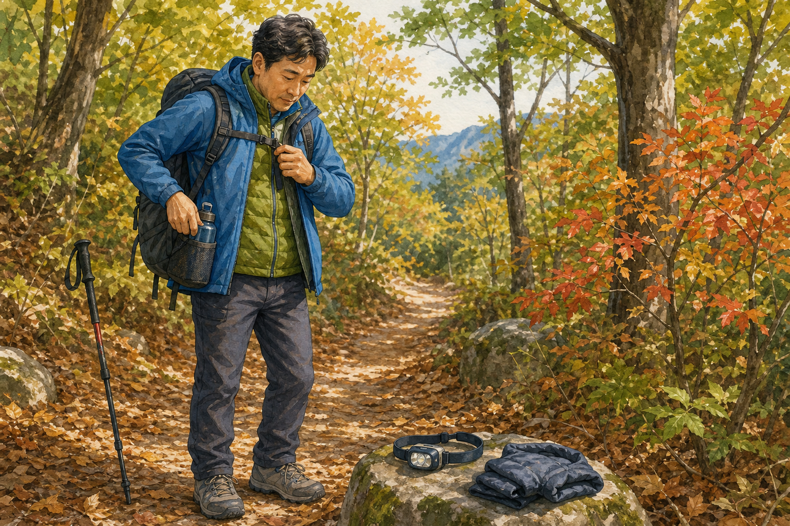 가을 산행 안전수칙|복장·준비물·일몰 전 하산 체크리스트 2 겹쳐 입을 옷과 물 헤드램프를 점검하는 AI 생성 이해 이미지