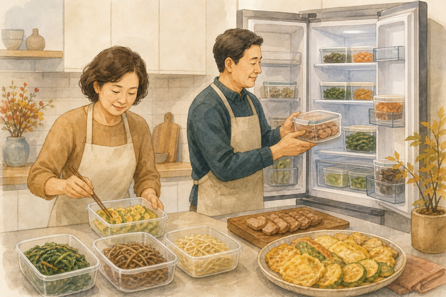 명절 음식 보관법|전·나물·고기 식히기와 냉장 체크 1 명절 음식을 얕은 용기에 나누어 냉장고에 정리하는 가족 일러스트