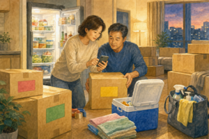 이사 전날 체크리스트|냉장고·공과금·필수품 정리 6 이사 전날 체크리스트를 휴대전화로 확인하는 중년 부부의 수채화 삽화