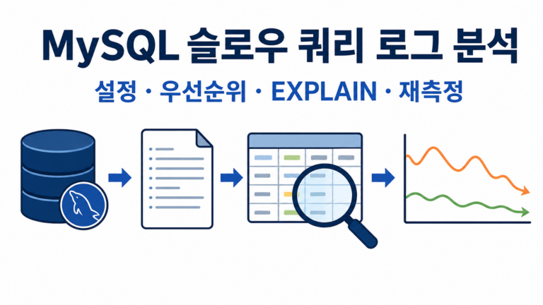 MySQL 슬로우 쿼리 로그 설정·분석|안전한 30분 진단 7 MySQL 슬로우 쿼리 로그 설정 우선순위 EXPLAIN 재측정 흐름