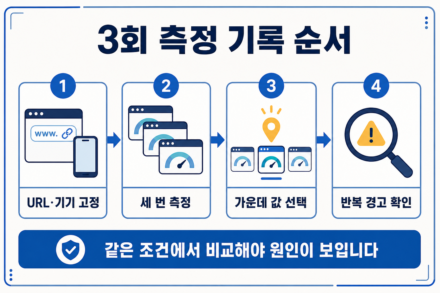PageSpeed 점수가 매번 다를 때|3회 중간값으로 원인 찾기 1 PageSpeed URL 기기 고정 세 번 측정 가운데 값 선택 반복 경고 확인