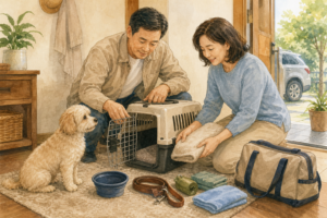 반려동물 동반 여행 준비|이동장·휴게·숙소 체크 4 반려견 이동장과 물그릇, 목줄을 챙기는 중년 부부의 수채화 삽화