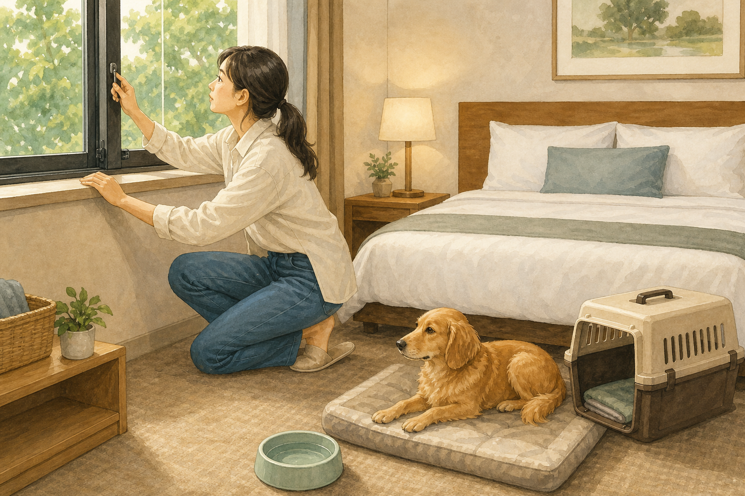 반려동물 동반 여행 준비|이동장·휴게·숙소 체크 3 반려동물 동반 숙소에서 창문 잠금과 바닥 위험요소를 점검하는 수채화 삽화