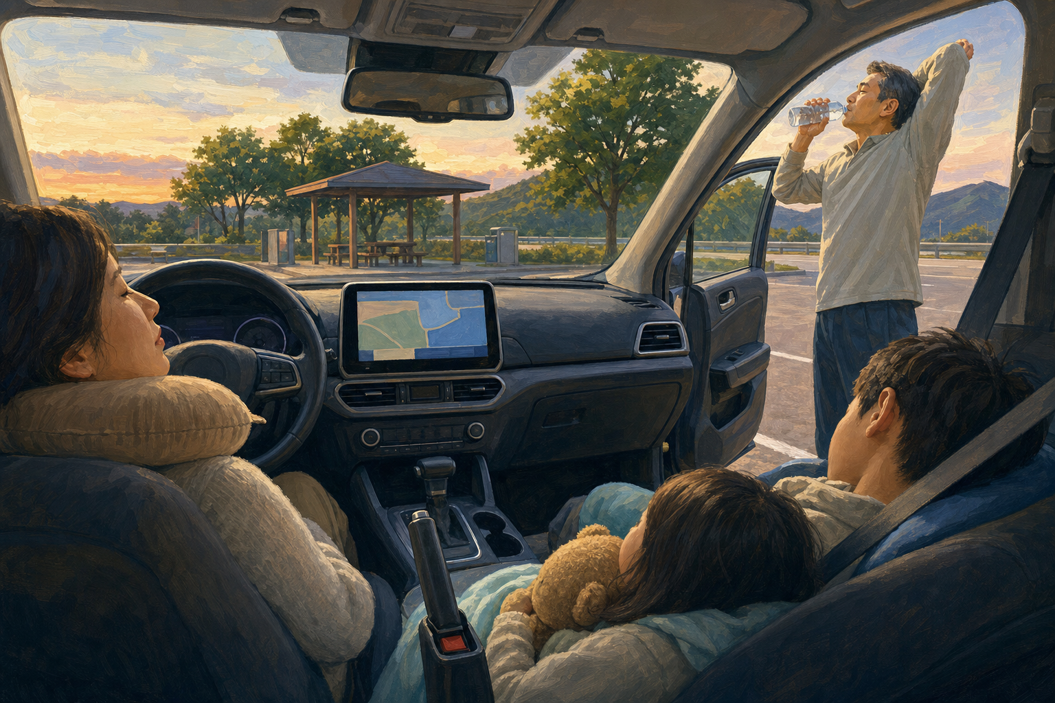 귀성길 자동차 점검|타이어·등화장치·졸음운전 체크리스트 3 휴게소에 정차해 물을 마시고 쉬는 가족의 AI 생성 이해 이미지