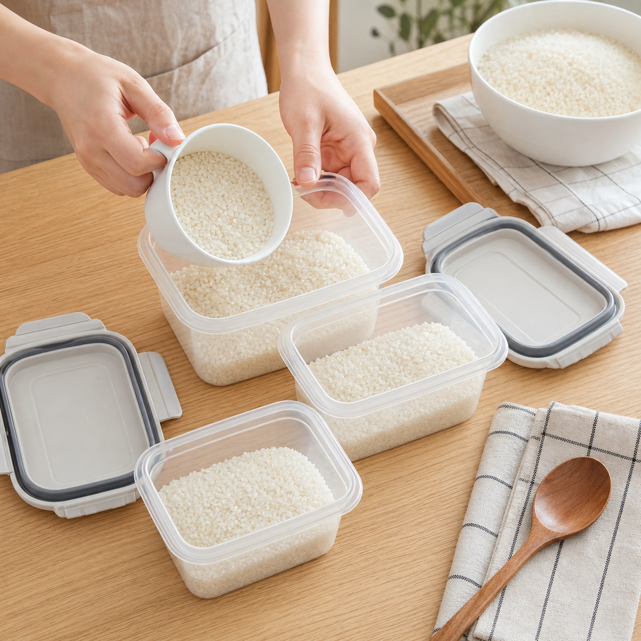 여름철 쌀벌레와 묵은내 줄이는 보관법|소분·밀폐·냉장 순서 2 마른 쌀을 작은 밀폐 용기에 소분하는 연출 이미지