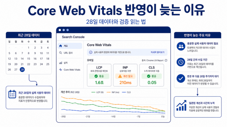 Search Console Core Web Vitals 반영 지연|28일 데이터·검증 상태 읽는 법 4 Search Console Core Web Vitals 최근 28일 데이터 반영 구조