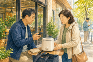 중고거래 직거래 안전수칙|만남·물품 확인·결제 체크 5 사람이 있는 카페 앞에서 중고 물품을 확인하는 중년 남녀의 수채화 삽화