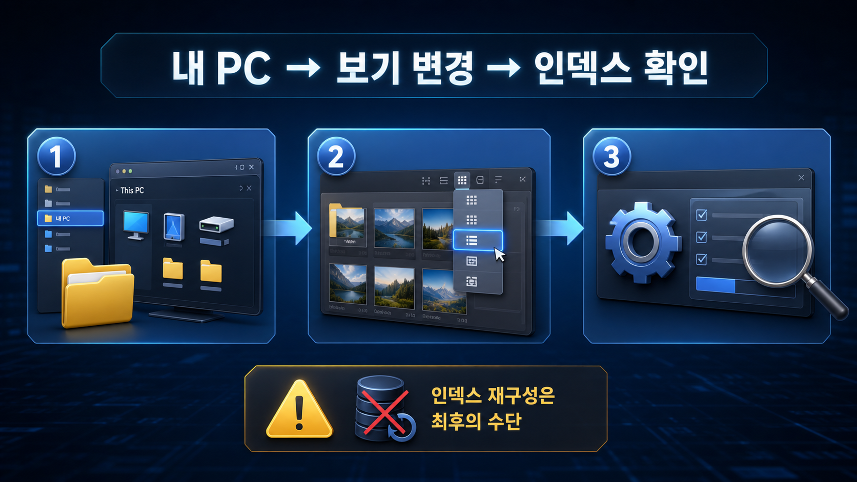 윈도우 파일 탐색기 느릴 때|빠른 실행·미리보기·검색 인덱스 점검 3 내 PC로 열기 보기 방식 변경 검색 인덱스 확인 순서