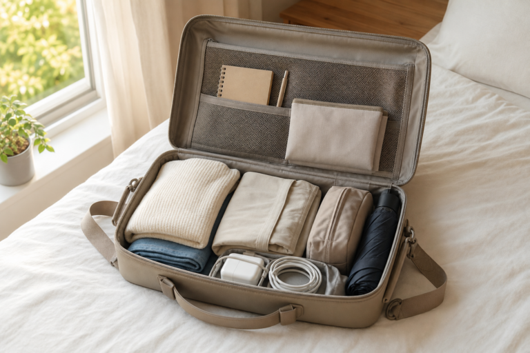 1박 2일 국내여행 짐 싸기|빠뜨리기 쉬운 준비물 체크리스트 5 1박 2일 여행 준비물을 정돈한 작은 여행가방