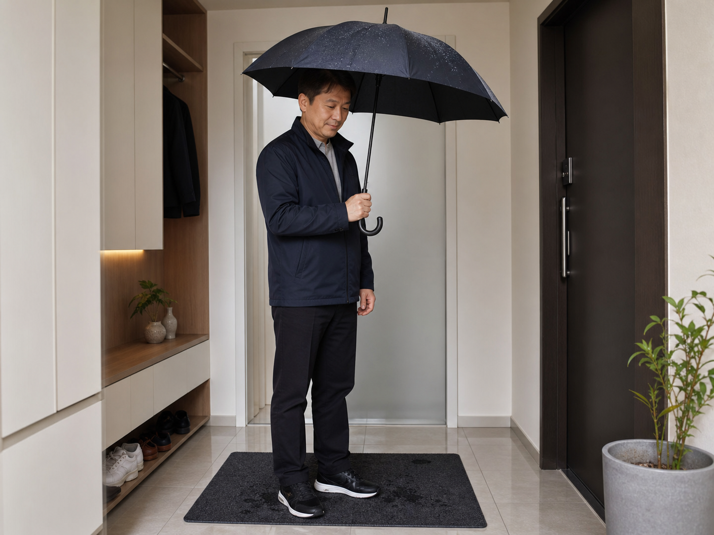 젖은 우산 바로 접지 마세요|냄새와 녹 줄이는 건조·보관 순서 1 젖은 우산 보관 전 현관에서 물기를 빼는 모습