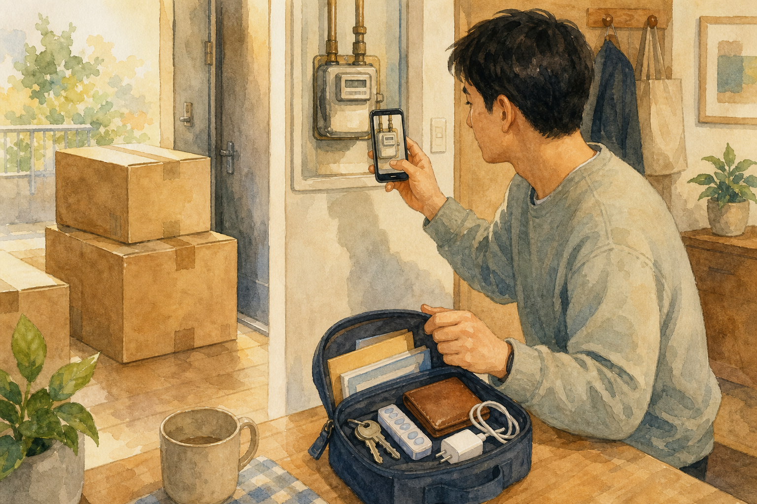 이사 전날 체크리스트|냉장고·공과금·필수품 정리 3 이사 전 계량기 지침을 촬영하고 열쇠와 약, 충전기를 필수품 가방에 챙기는 수채화 삽화