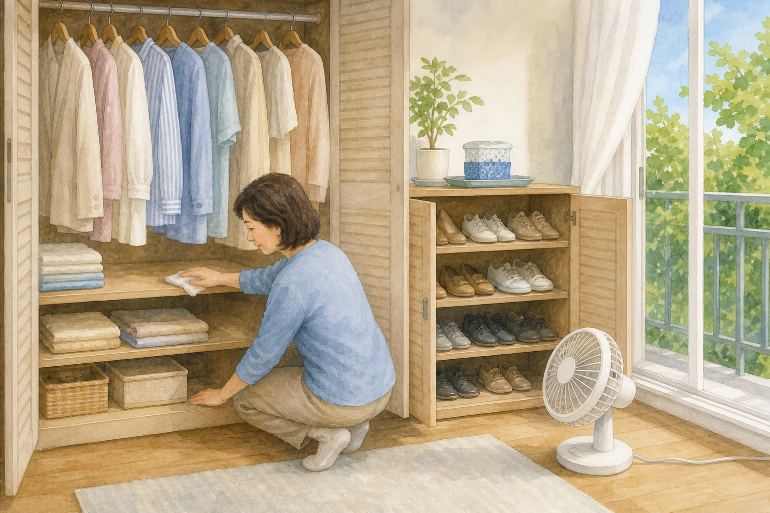 환절기 옷장 정리|여름옷 말리기·곰팡이 예방 체크 3 옷장과 신발장 문을 열고 선풍기로 환기하는 수채화