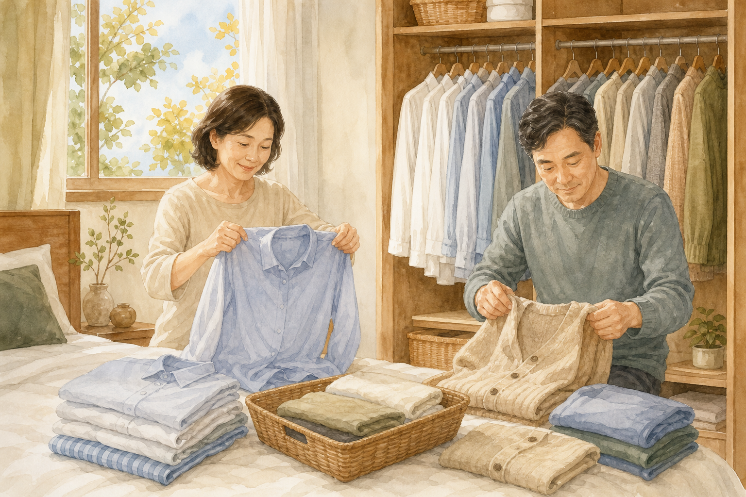 환절기 옷장 정리|여름옷 말리기·곰팡이 예방 체크 1 여름옷과 가을옷을 나누어 정리하는 중년 부부 수채화