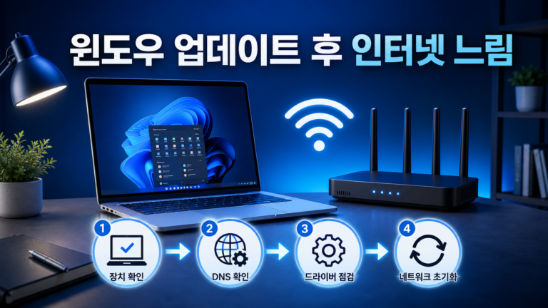 윈도우 업데이트 후 인터넷 느림|DNS·드라이버·네트워크 초기화 순서 4 윈도우 업데이트 후 인터넷이 느릴 때 진단 순서