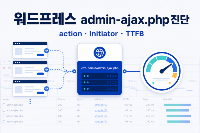 워드프레스 admin-ajax.php 느릴 때|action별 20분 진단 9 워드프레스 admin-ajax.php의 action Initiator TTFB 진단을 표현한 대표 이미지