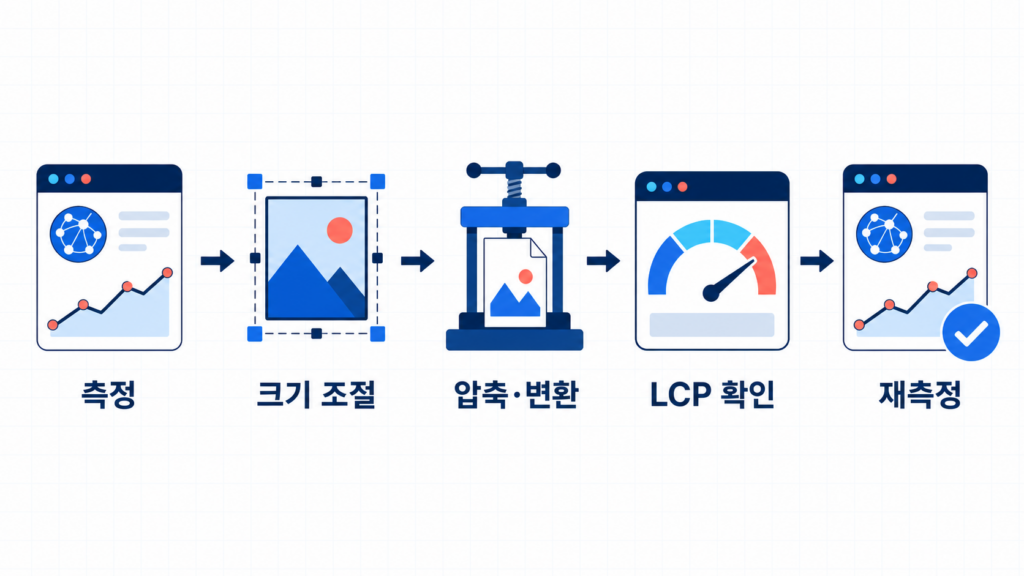 워드프레스 이미지 최적화|WebP·AVIF보다 먼저 볼 5가지 2 이미지 측정 크기 조절 압축 변환 LCP 확인 재측정 순서