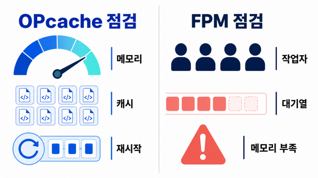 워드프레스 OPcache·PHP-FPM 최적화|20분 서버 진단 2 OPcache 메모리 캐시 재시작과 PHP-FPM 작업자 대기열 점검 신호