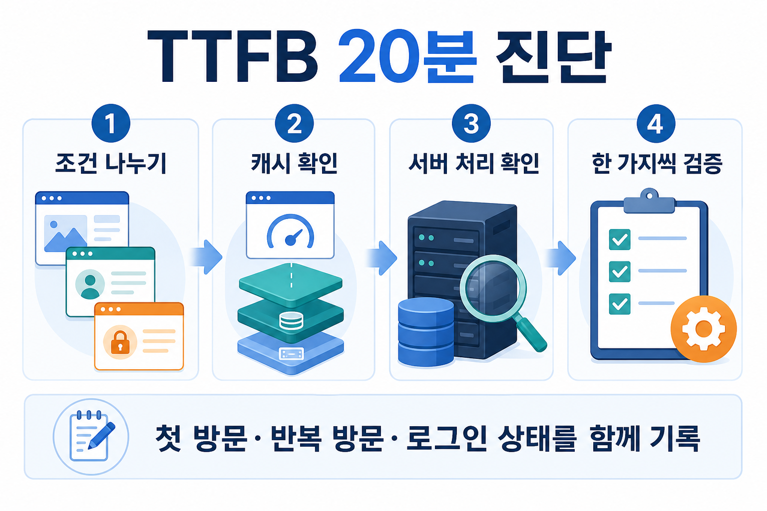 워드프레스 TTFB 줄이기|캐시·서버 원인 20분 진단 2 TTFB 조건 비교 캐시 확인 서버 처리 확인 검증 순서